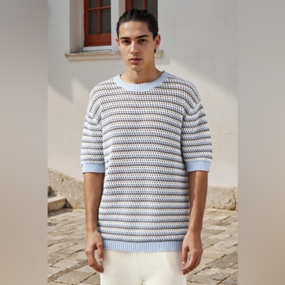 Men’s Zara  Blue, black, and White crochet shirt